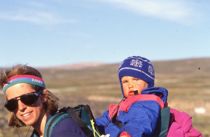 Josee carrying Tessum in a home-made backpack. Long before Thule invented the first commercial kid-carrying packs.