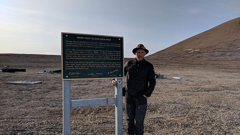 Ward Hunt Island: Richard standing beside the sign erected after his 1995 journey to the North Pole and back (unassisted), a feat that has never been repeated.